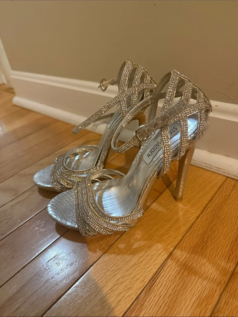Silver Strappy Rhinestone High Heel Sandals